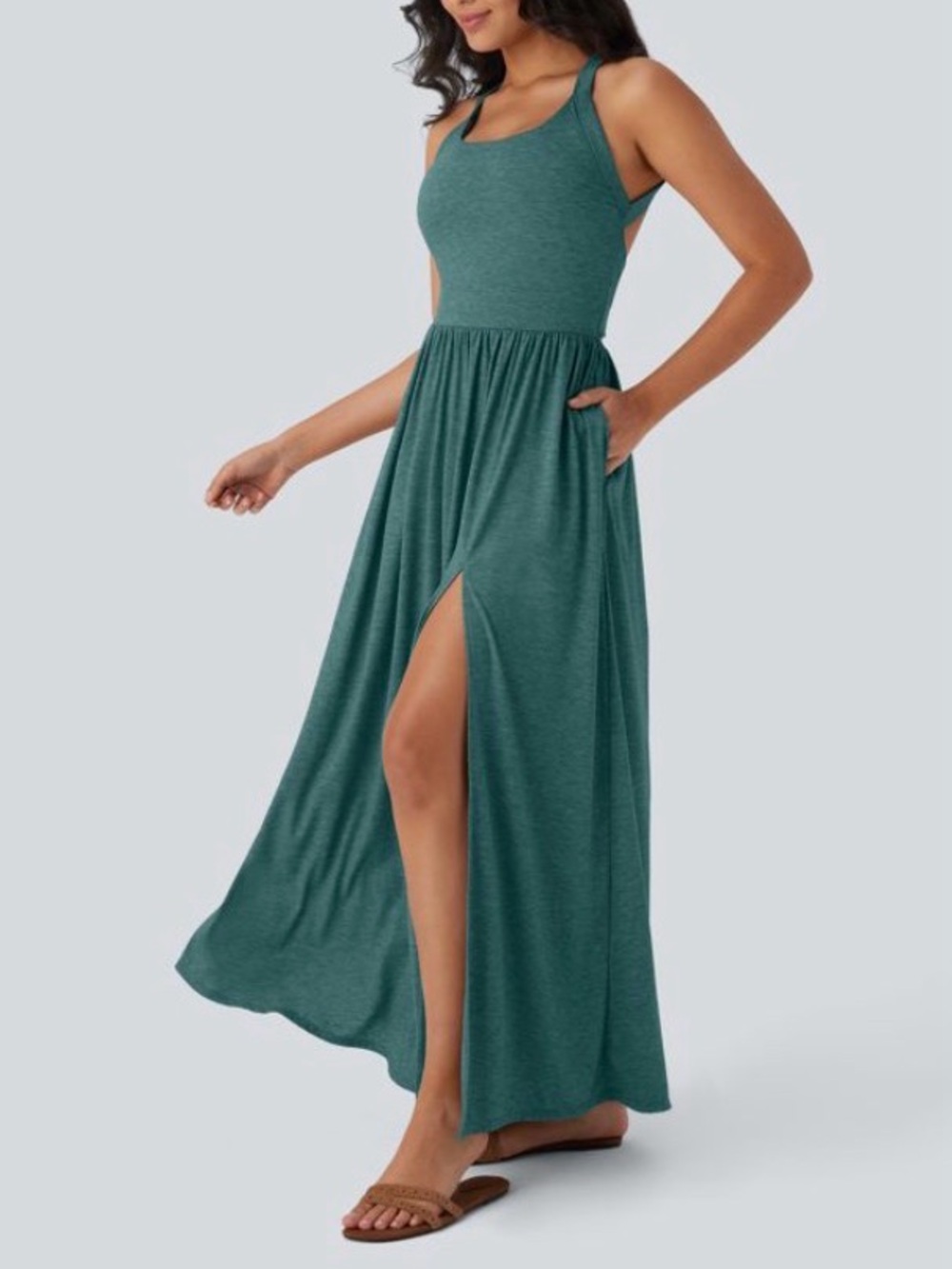 NWT HALARA Teal Sleeveless Maxi Dress with Side Slit and Pockets